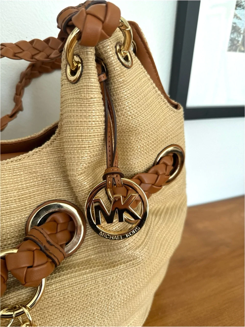 Michael Kors Large Braided Raffia Shoulder Bag in Natural/Tan